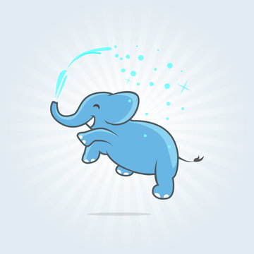 Happy jumping elephant with spray of water. Vector illustration. Vector icon. Logo template.