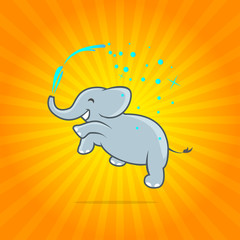 Naklejka premium Happy jumping elephant with spray of water on colorful yellow and orange background. Vector illustration. Vector icon. Vector banner. Logo template.