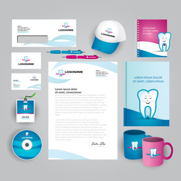 Dental Clinic, Office, Oral Medicine, Stomatology Corporate Identity Template With Colorful Abstract Logo. Vector Company Style For Brandbook And Guideline. Documentation For Business.