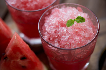 Close-up of watermelon granita, selective focus, studio shot