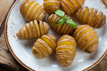 Close-up of baked hasselback potatoes, selective focus