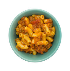 Beef and Macaroni in a small bowl on white background