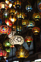 Colored lanterns hanging at the Grand Bazaar in Istanbul, Turkey