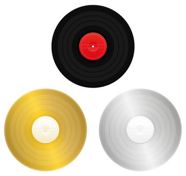 Records - black, gold, silver or platinum record for award or certification. Isolated vector illustration on white background.