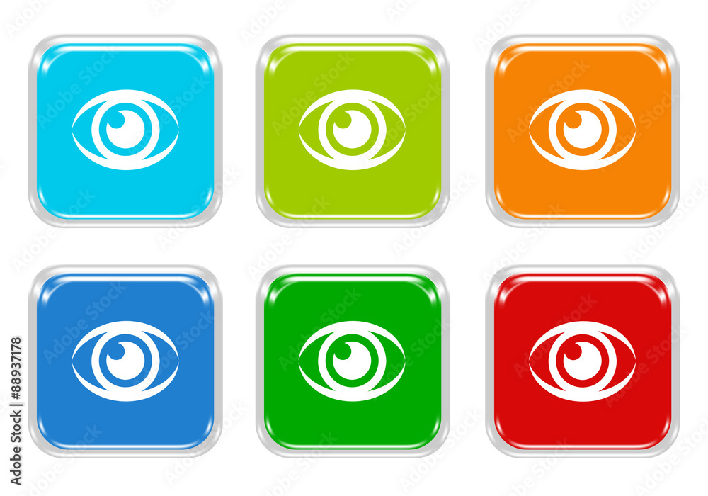 Wall mural set of squared colorful buttons with eye symbol
