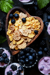 Healthy breakfast of whole grain cereal and berries blackberry a
