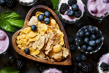 Healthy breakfast of whole grain cereal and berries blackberry a