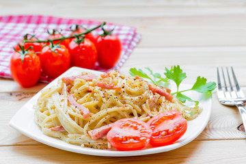 Italian pasta carbonara dish beautifully served