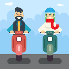 Male Female Hipster Happy Smiling Character Retro Scooter