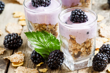 Homemade granola with yogurt and blackberry, healthy breakfast,