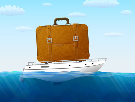 Concept of cruise traveling by sea. Suitcase on yacht sailing