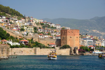 Wall of fortress and Red Tower (Kizilkule) in Alanya, Turkey 