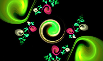Abstract spiral, fractal spirals in green and pink colors. Fractal art background for creative design. Decoration for wallpaper desktop, poster, cover booklet.