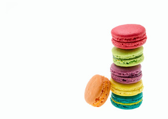 Colorful macarons on white background. Macaron is sweet meringue
