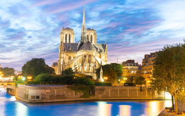 Notre Dame Cathedral at dusk in Paris, France