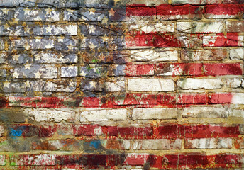 grungy american flag on weathered brick wall, fictional design