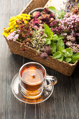 Dried and fresh herbs and flowers and herbal tea. Herbal medicine