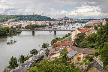 Fototapeta na wymiar Panoramic view from Vysehrad to Prague and Vltava River