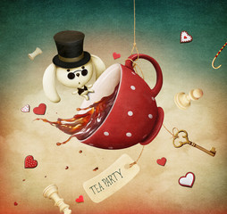 Fototapety  Ilustracja fantazji z czerwoną filiżanką herbaty i królikiem