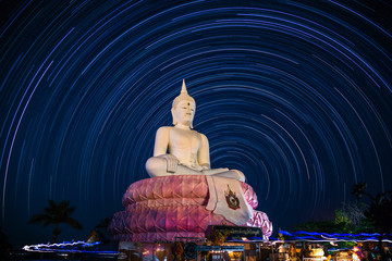 Startrails and the Buddha Image Phra Buddha Rattanamanee Mahabophit Chonlasitmongkolchai at Pa Sak Jolasid Dam 