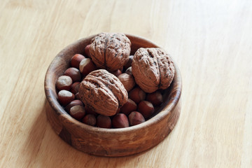 Nuts in a wooden bowl