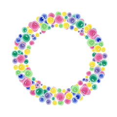 Watercolor round frame made up of multicolored confetti on white background