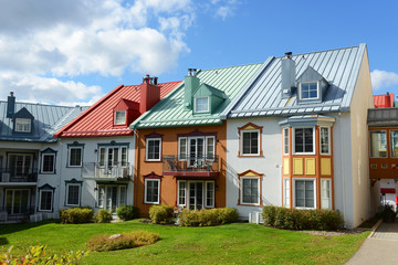 Fototapeta na wymiar Colorful Houses at villiage of Mont-Tremblant, Quebec, Canada