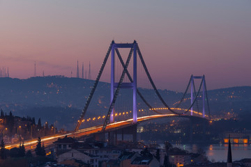 Fototapeta na wymiar Bosphorus Bridge and traffic in the morning