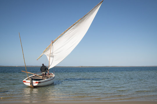 Typical boats called dhows near the coast of Barra and Praia do Tofo in Inhambane, Mozambique

