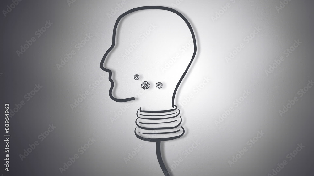 Poster light bulb head with cogs and wheels