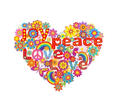 Heart shape with colorful flowers and hippie symbolic