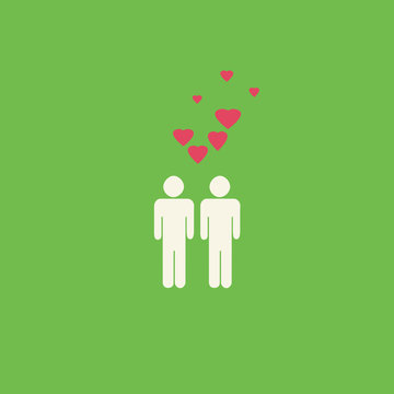 Simple gay graphic with two male figures and pink hearts on a green background.