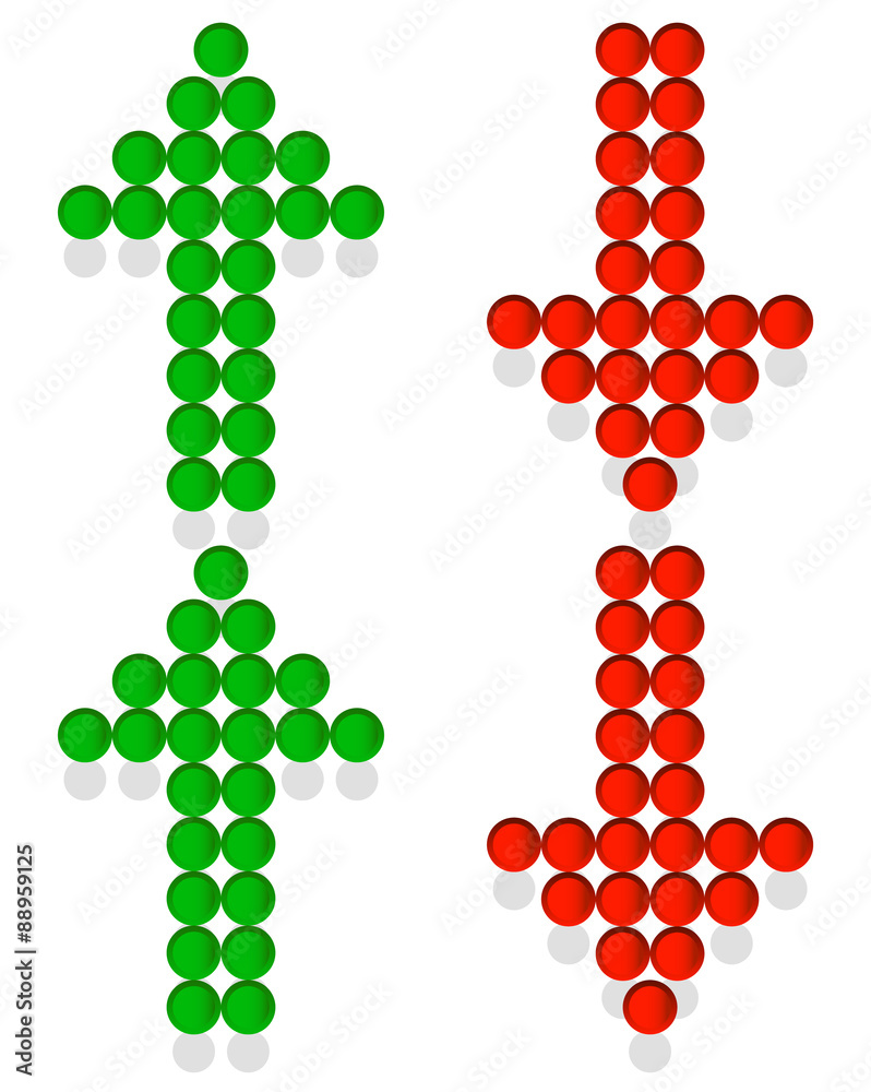 Poster Set of dotted up and down arrows. Red and green arrows pointing