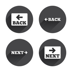 Back and next navigation signs. Arrow icons.