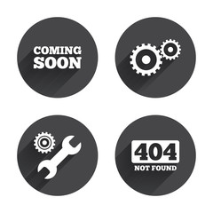 Coming soon icon. Repair service tool and gear.