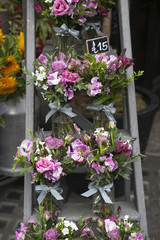 Fototapeta na wymiar bouquet of Sweet pea, Lathyrus odoratus, flowers in a purple vase standing on wooden grey steps