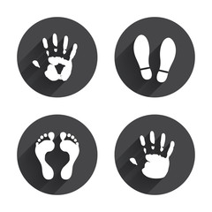 Hand and foot print icons. Imprint shoes symbol.