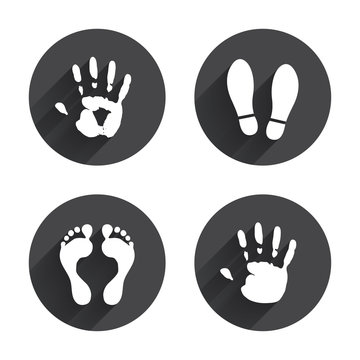 Hand And Foot Print Icons. Imprint Shoes Symbol.