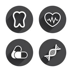 Medical icons. Pills, tooth, DNA and Cardiogram.