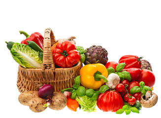 Fresh vegetables and herbs. Shopping basket. Healthy nutrition