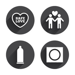 Condom safe sex icons. Lovers Gay couple sign.