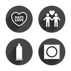 Fototapeta premium Condom safe sex icons. Lovers Gay couple sign.