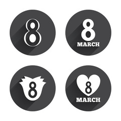 8 March Women's Day icons. Flower, heart symbols