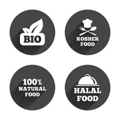 Natural Bio food icons. Halal and Kosher signs.