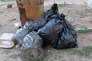 Closeup image of trash dumpster and black packs of trash near in