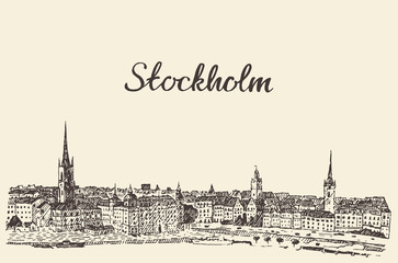 Stockholm skyline vector engraved drawn sketch