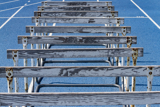 Wooden Hurdles On A Blue High School Track