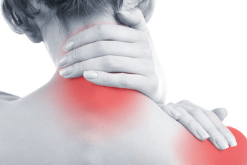 Young woman with neck and shoulder pain close up