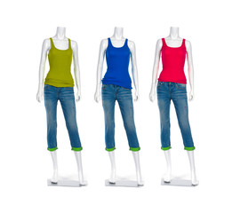 Row of three female mannequin t- shirt dressed in jeans