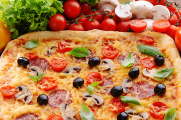 Delicious homemade pizza on table close-up